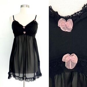 Vintage Y2K Betsey Johnson black & pink bow slip nightie lingerie dress